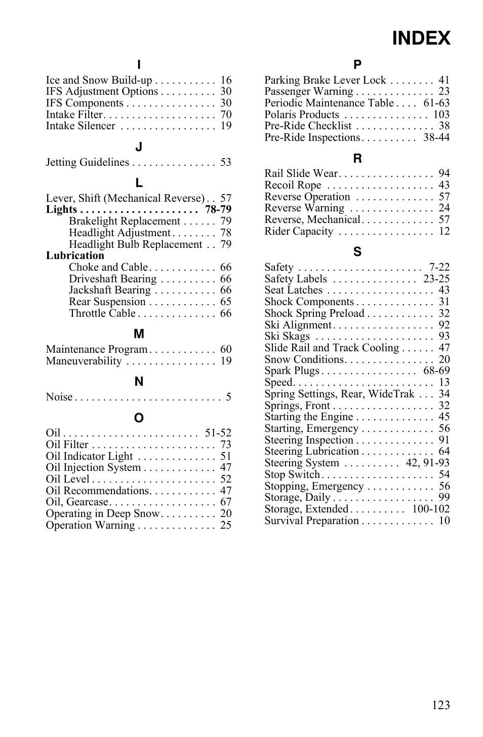 Index | Polaris Widetrack LX User Manual | Page 126 / 127