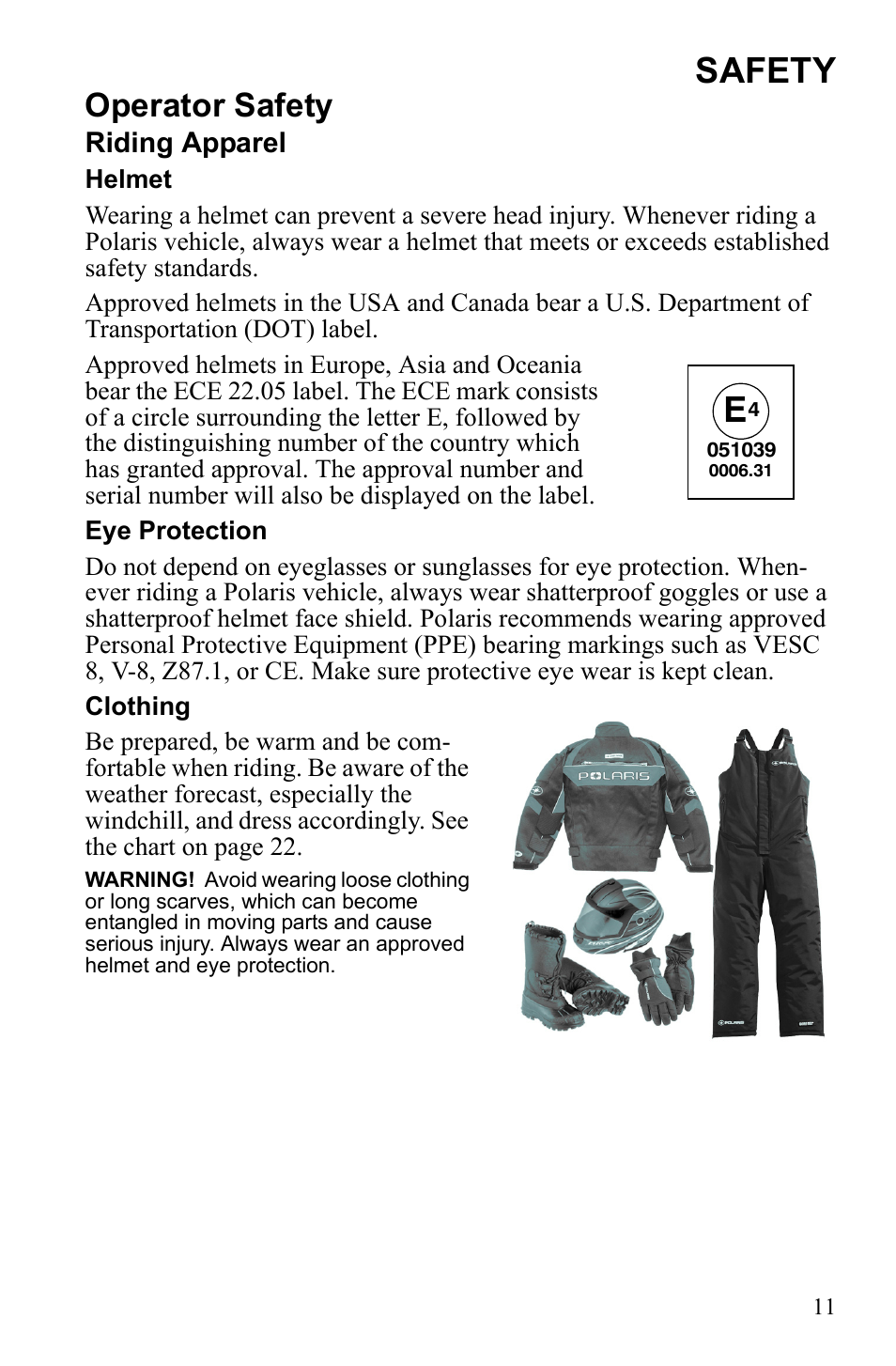 Safety, Operator safety, Riding apparel | Polaris Widetrack LX User Manual | Page 14 / 127