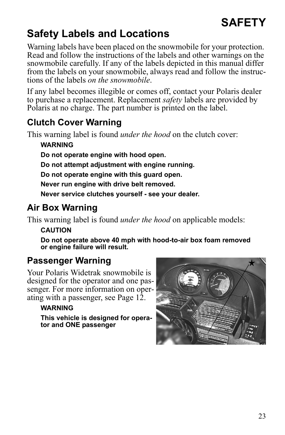 Safety, Safety labels and locations | Polaris Widetrack LX User Manual | Page 26 / 127