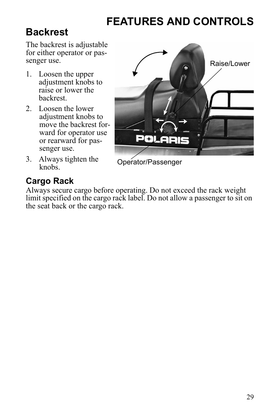 Features and controls, Backrest | Polaris Widetrack LX User Manual | Page 32 / 127