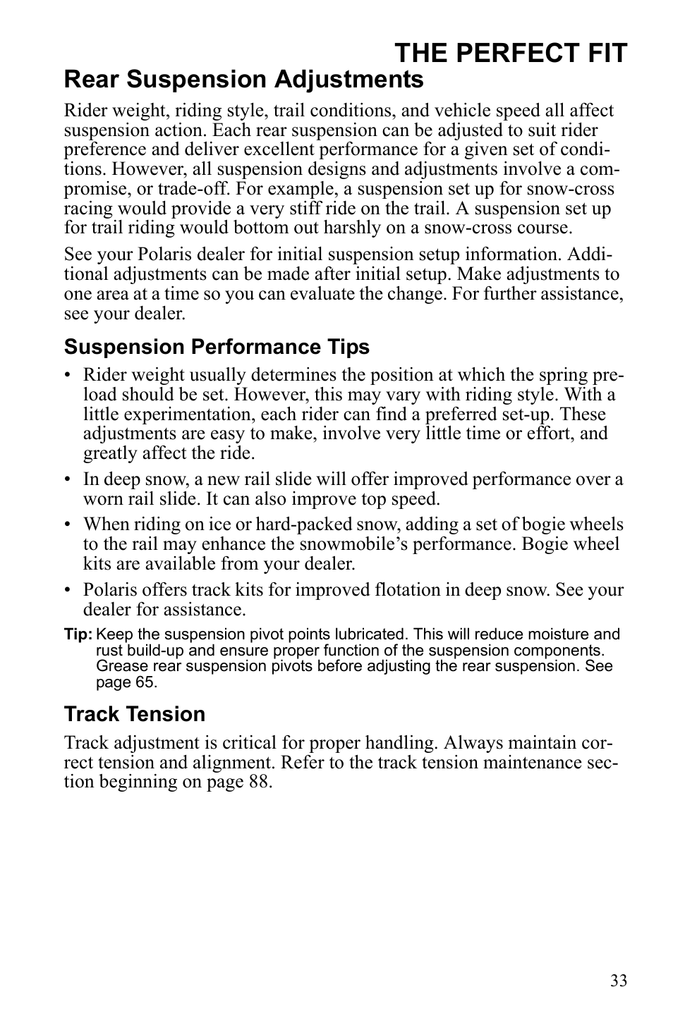 The perfect fit, Rear suspension adjustments | Polaris Widetrack LX User Manual | Page 36 / 127