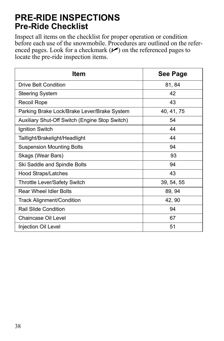 Pre-ride inspections, Pre-ride checklist | Polaris Widetrack LX User Manual | Page 41 / 127