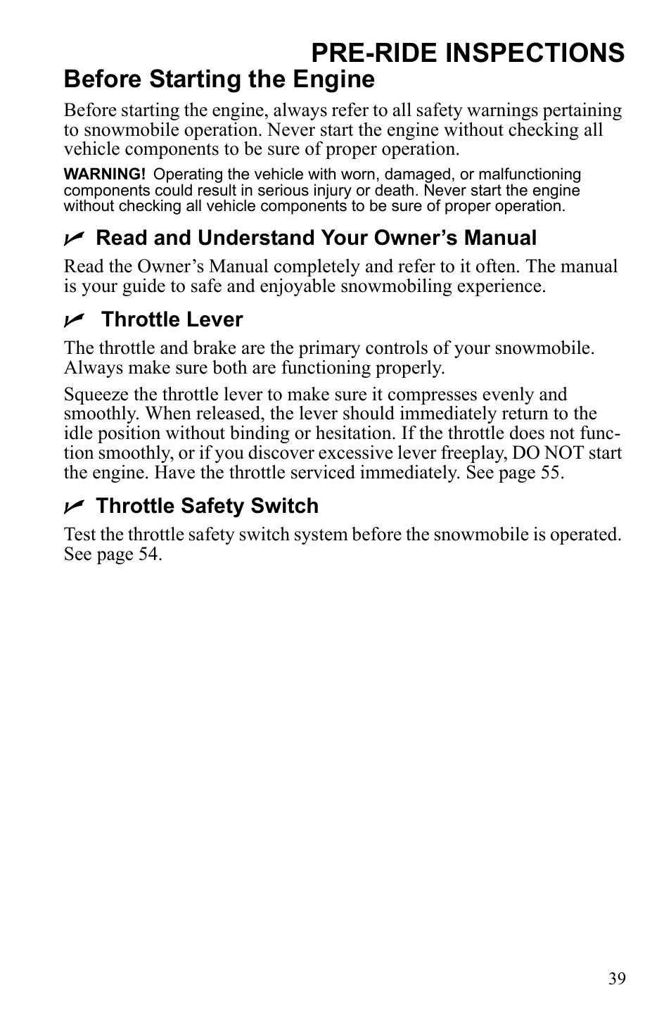 Pre-ride inspections, Before starting the engine | Polaris Widetrack LX User Manual | Page 42 / 127