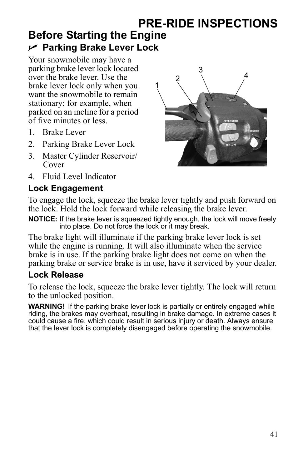 Pre-ride inspections, Before starting the engine, Nparking brake lever lock | Polaris Widetrack LX User Manual | Page 44 / 127