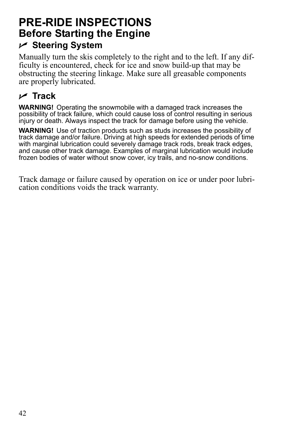 Pre-ride inspections, Before starting the engine | Polaris Widetrack LX User Manual | Page 45 / 127