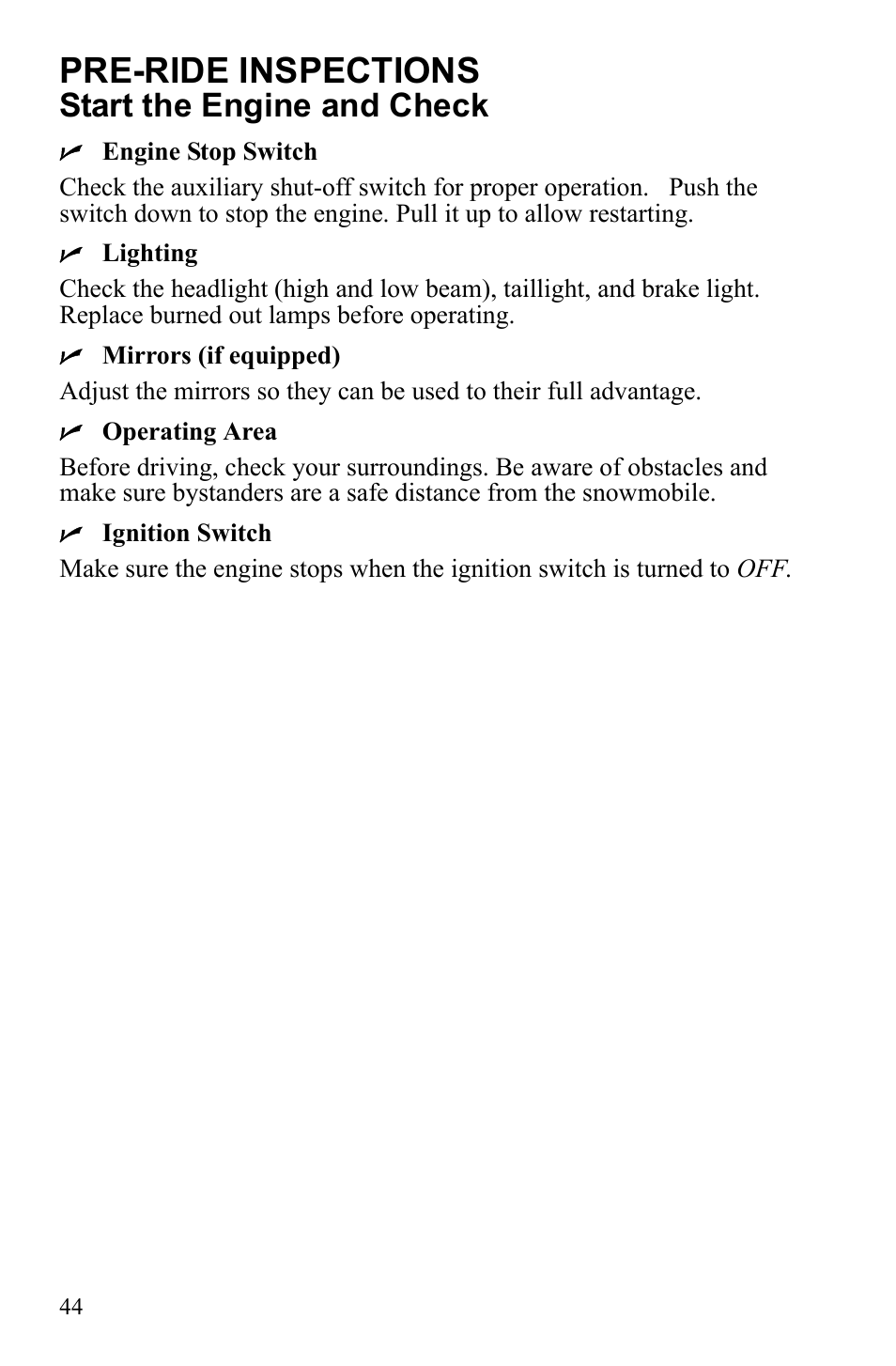 Pre-ride inspections, Start the engine and check | Polaris Widetrack LX User Manual | Page 47 / 127