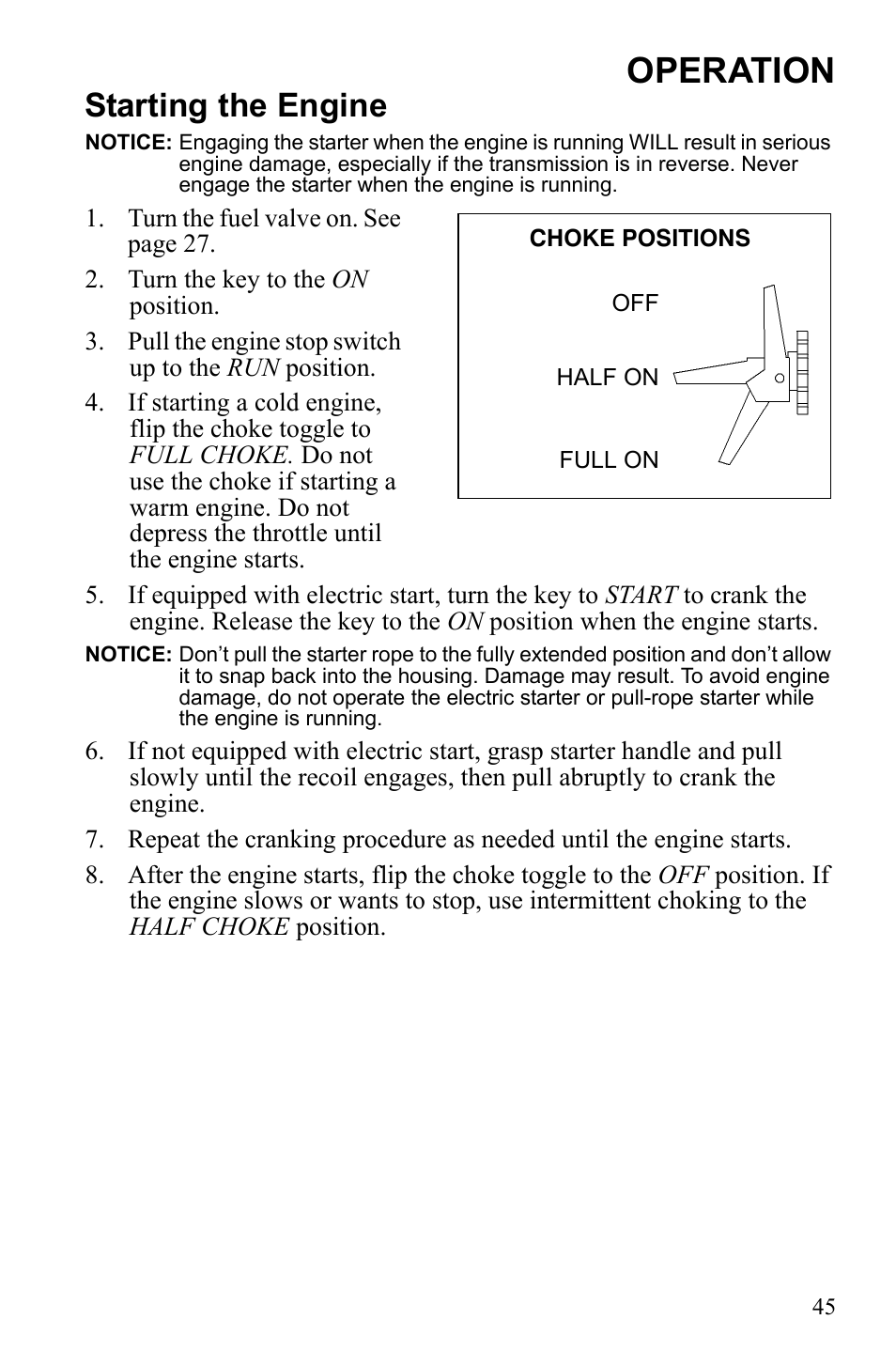 Operation, Starting the engine | Polaris Widetrack LX User Manual | Page 48 / 127