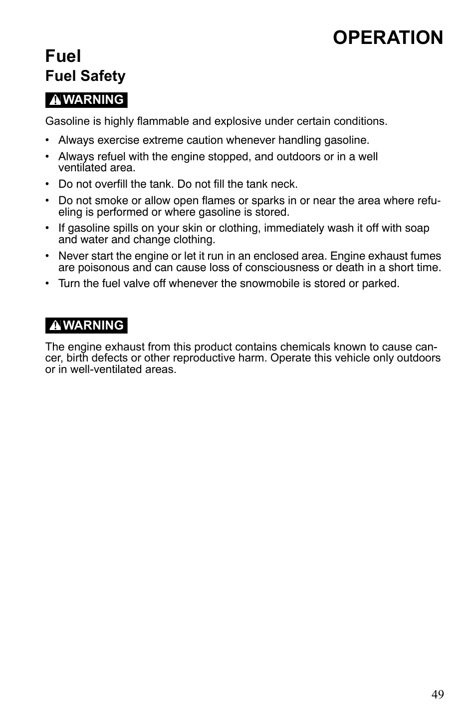 Operation, Fuel, Fuel safety | Polaris Widetrack LX User Manual | Page 52 / 127