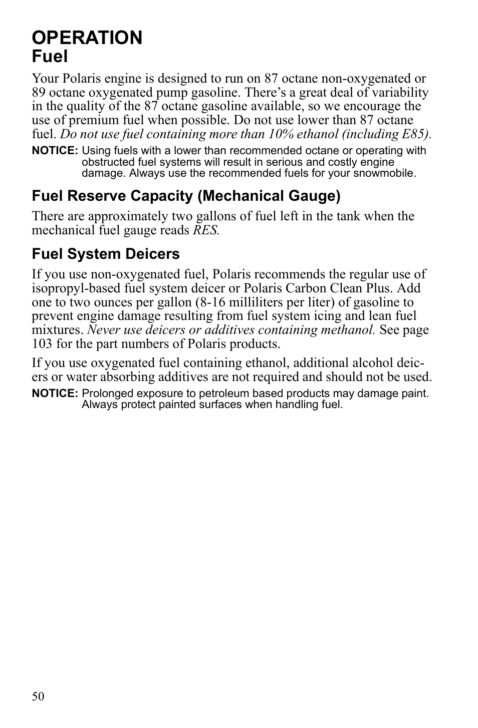 Operation, Fuel | Polaris Widetrack LX User Manual | Page 53 / 127