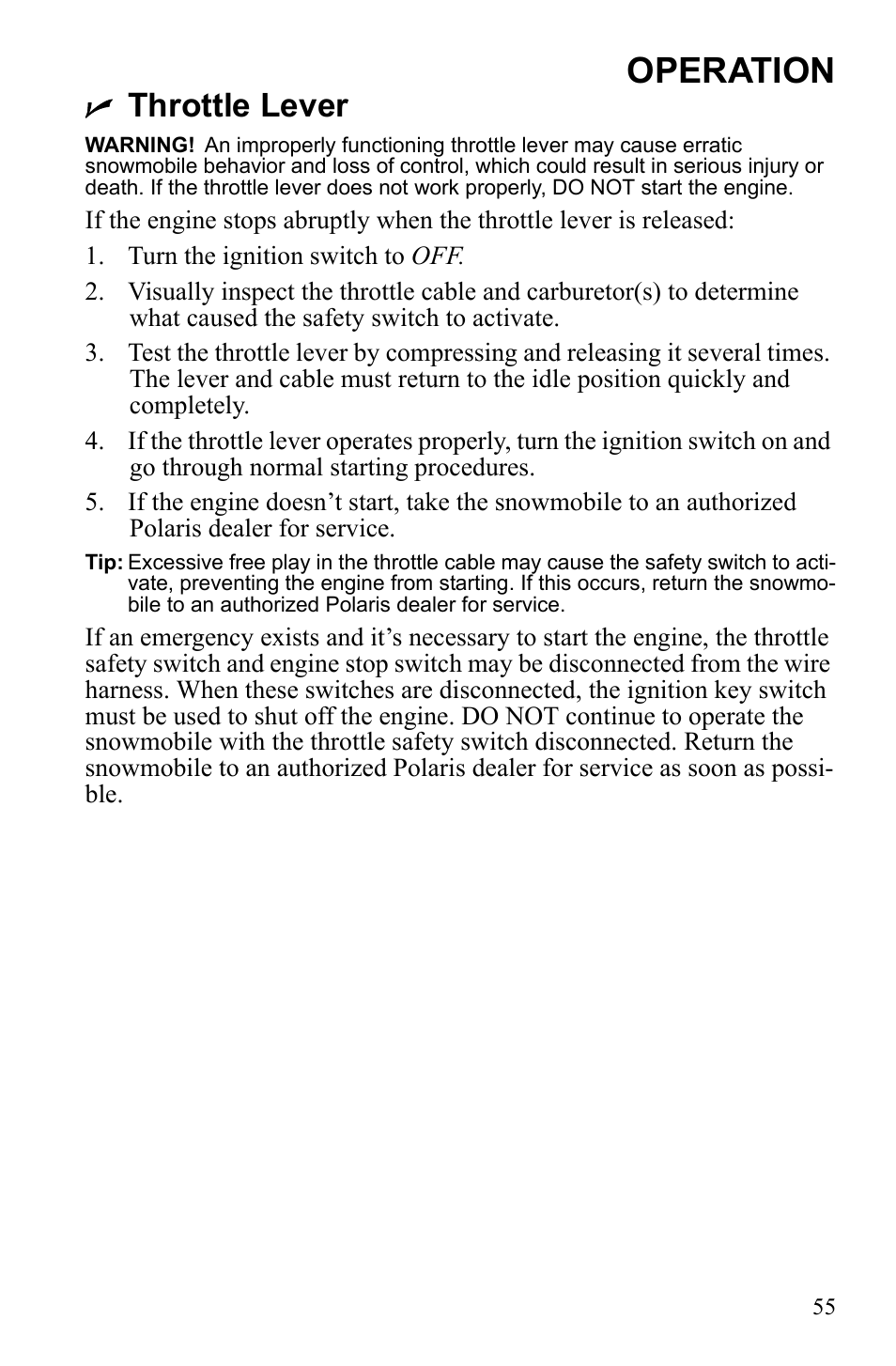 Operation, Throttle lever | Polaris Widetrack LX User Manual | Page 58 / 127