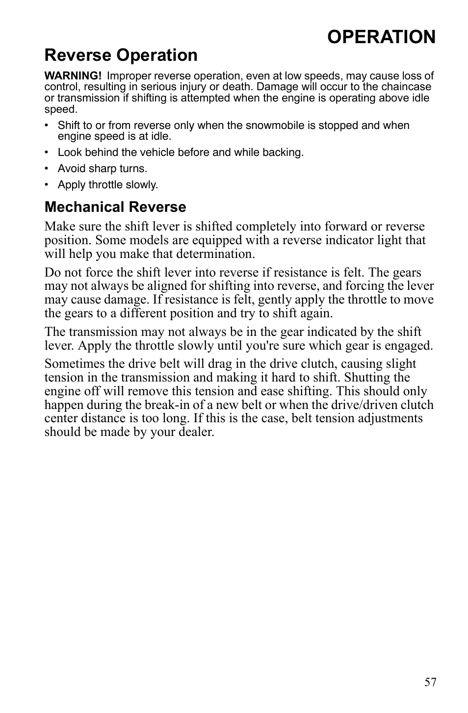 Operation, Reverse operation, Mechanical reverse | Polaris Widetrack LX User Manual | Page 60 / 127