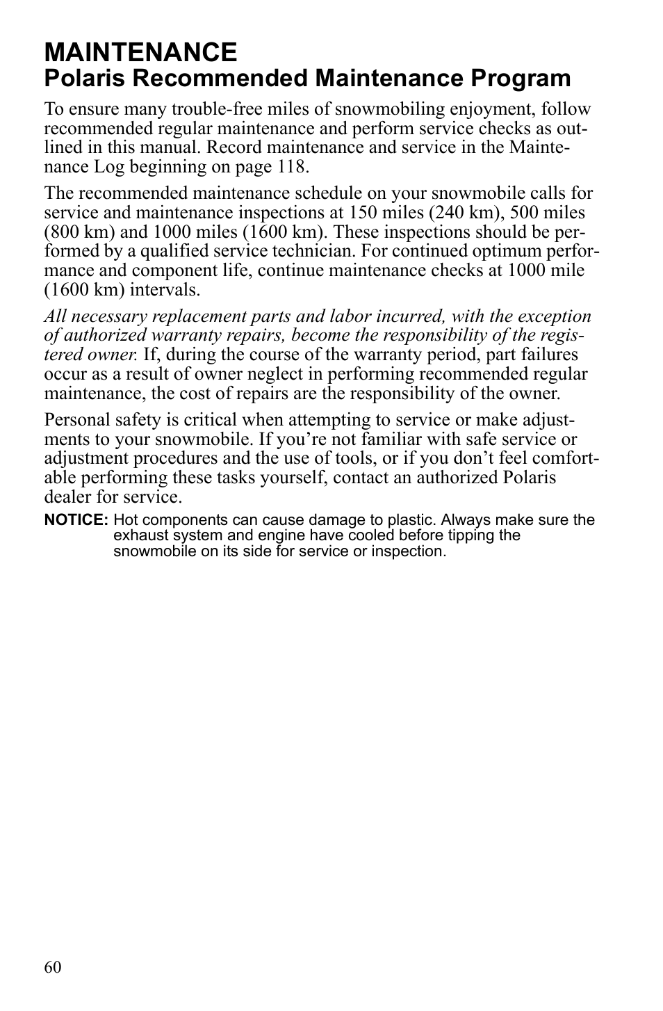 Maintenance, Polaris recommended maintenance program | Polaris Widetrack LX User Manual | Page 63 / 127