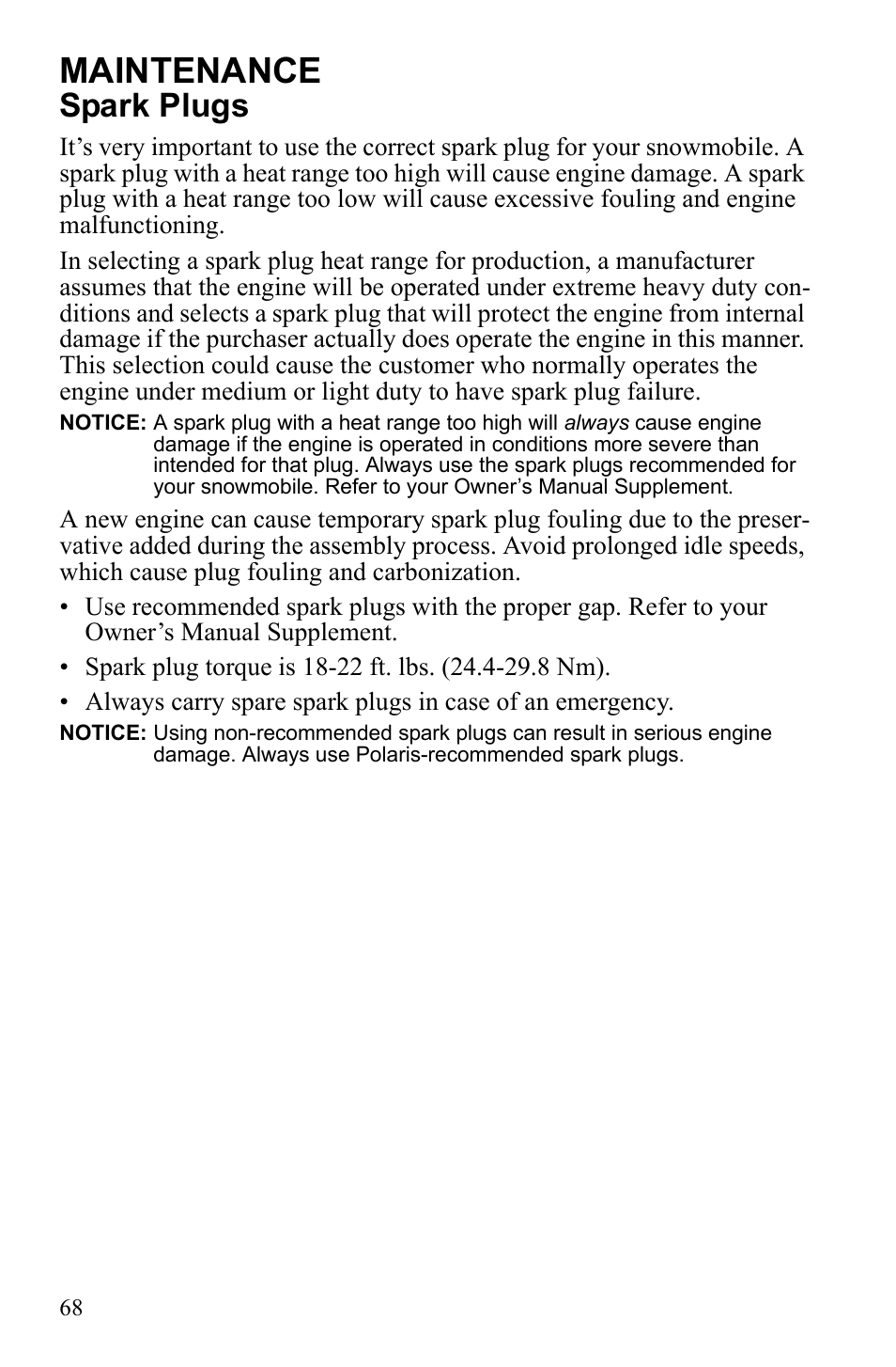 Maintenance, Spark plugs | Polaris Widetrack LX User Manual | Page 71 / 127