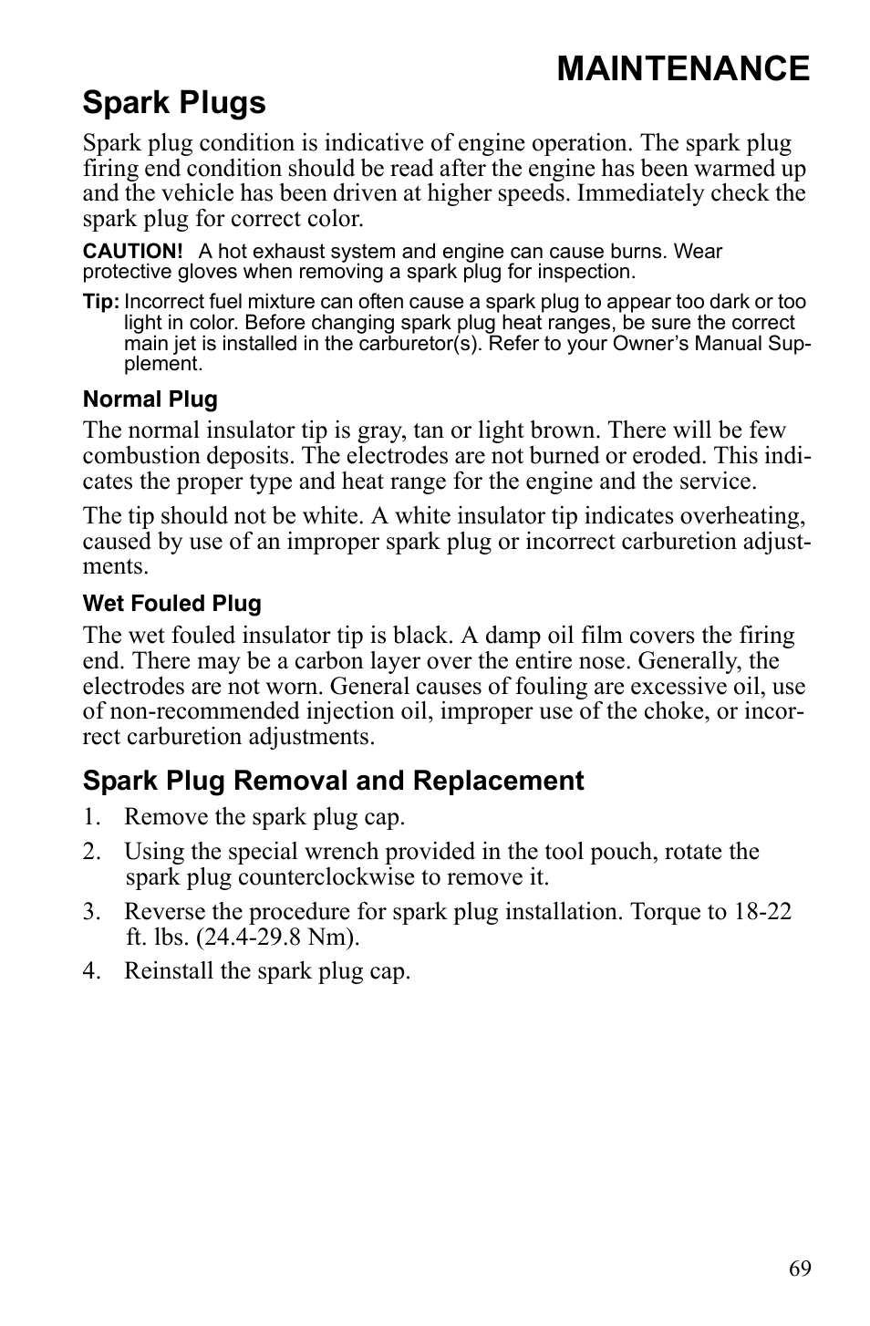 Maintenance, Spark plugs | Polaris Widetrack LX User Manual | Page 72 / 127