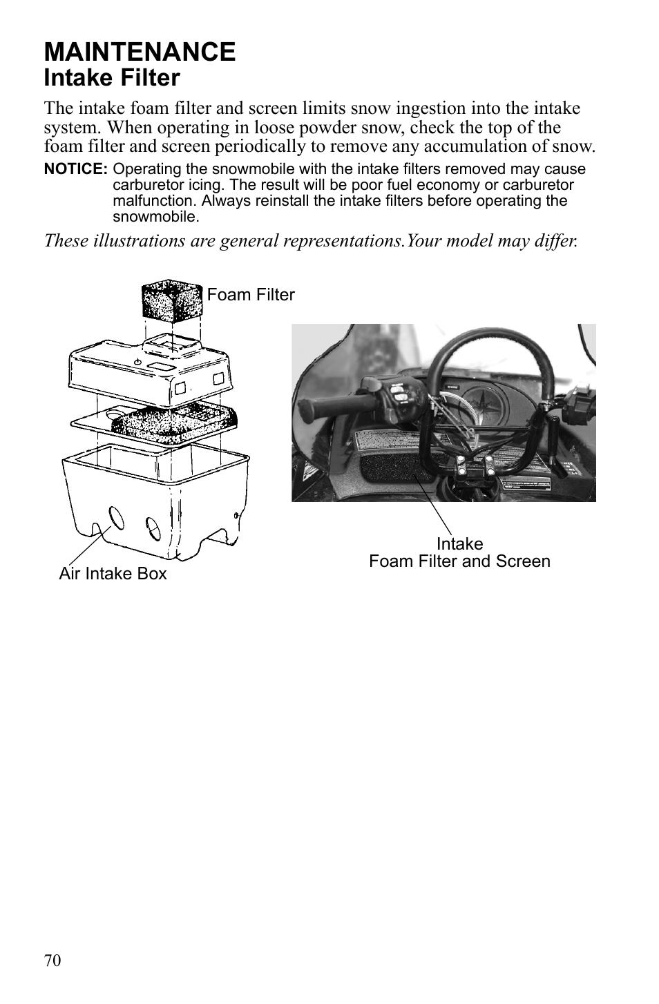 Maintenance, Intake filter | Polaris Widetrack LX User Manual | Page 73 / 127