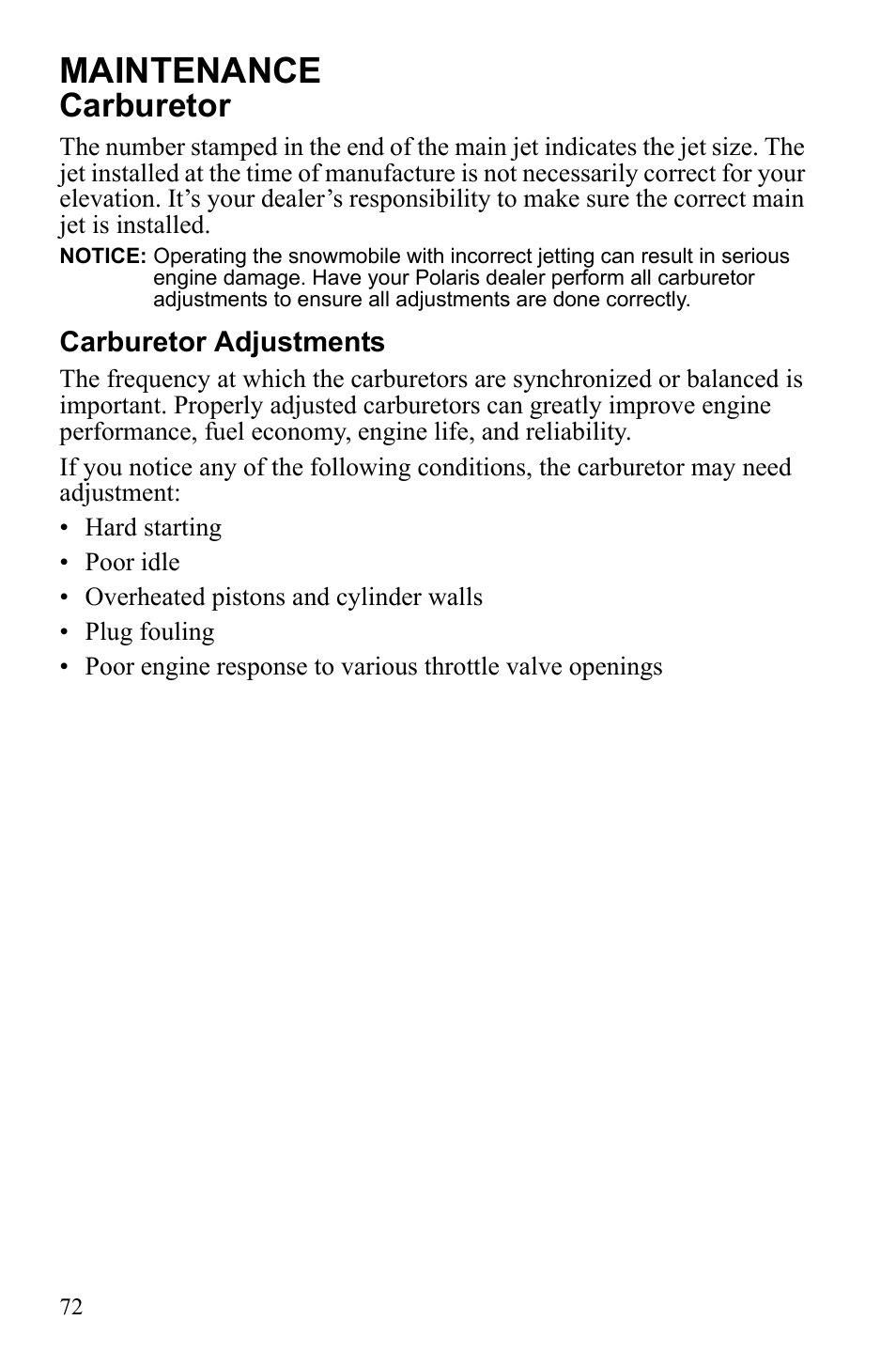 Maintenance, Carburetor | Polaris Widetrack LX User Manual | Page 75 / 127