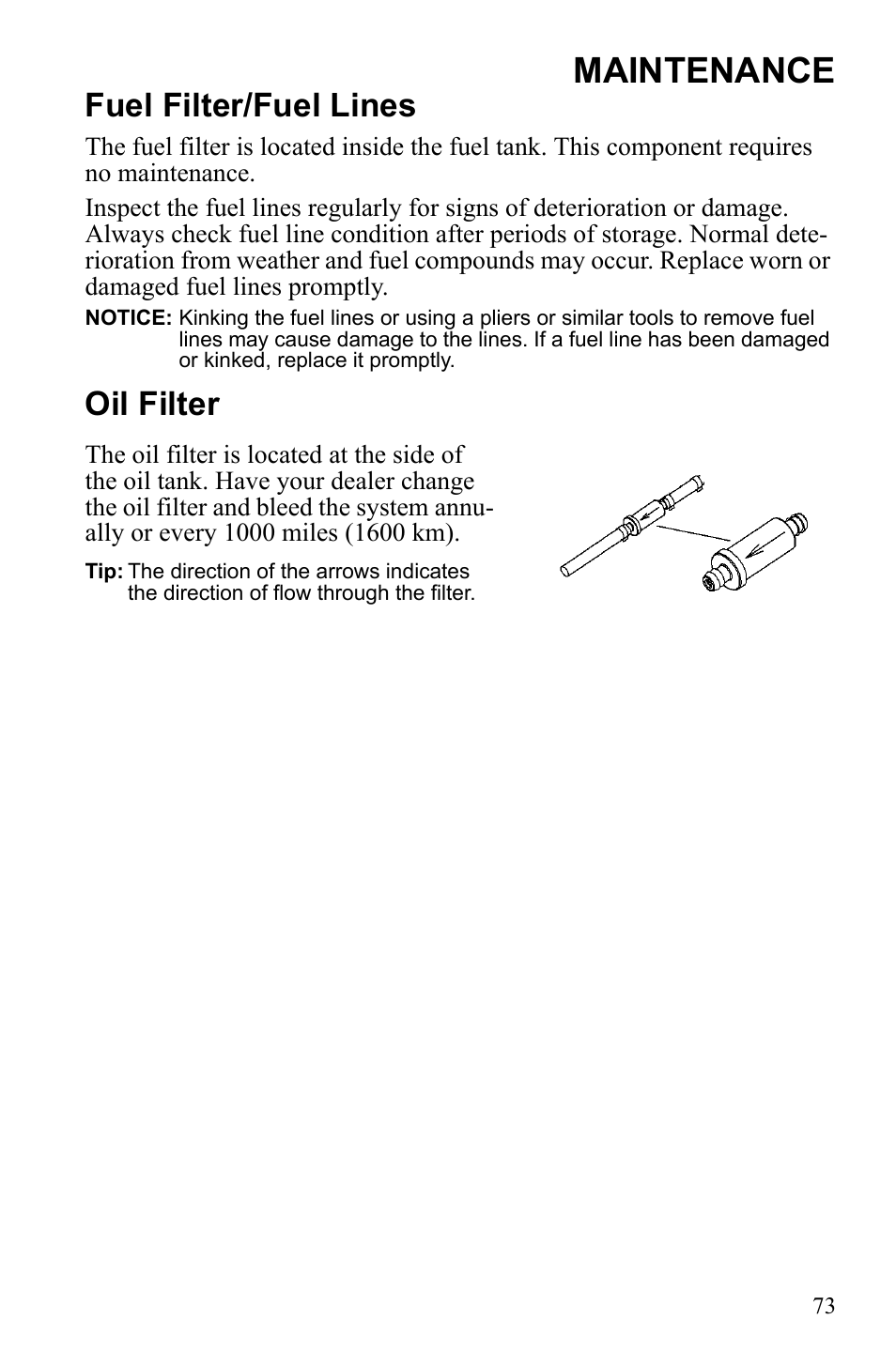 Maintenance, Fuel filter/fuel lines, Oil filter | Polaris Widetrack LX User Manual | Page 76 / 127