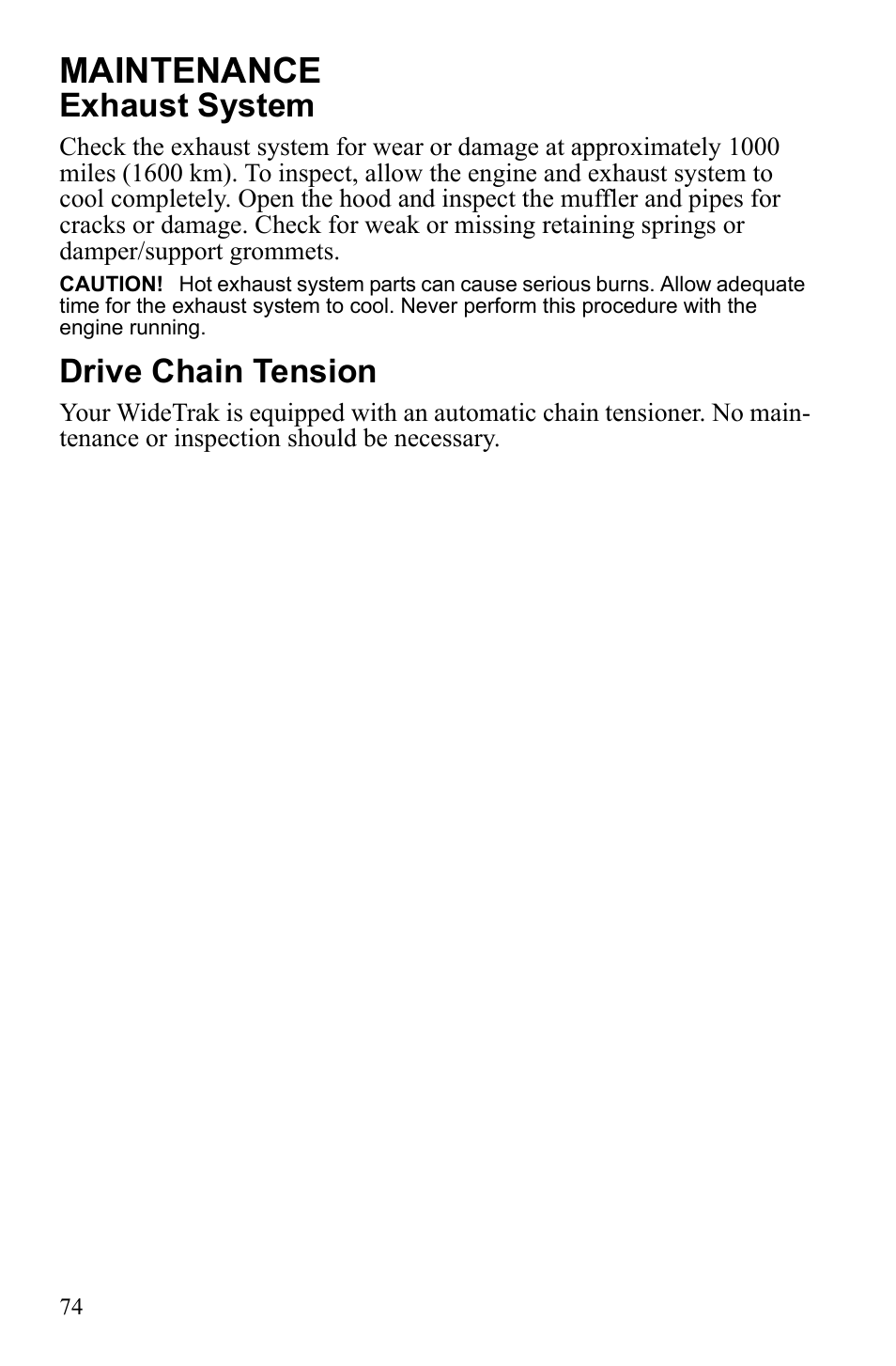 Maintenance, Exhaust system, Drive chain tension | Polaris Widetrack LX User Manual | Page 77 / 127