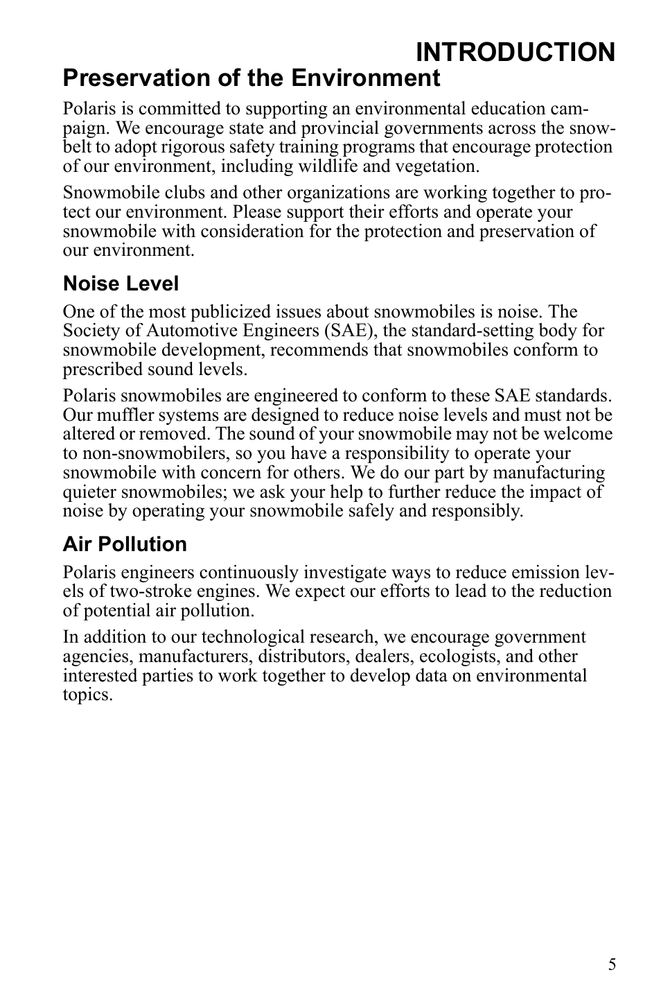 Introduction, Preservation of the environment | Polaris Widetrack LX User Manual | Page 8 / 127