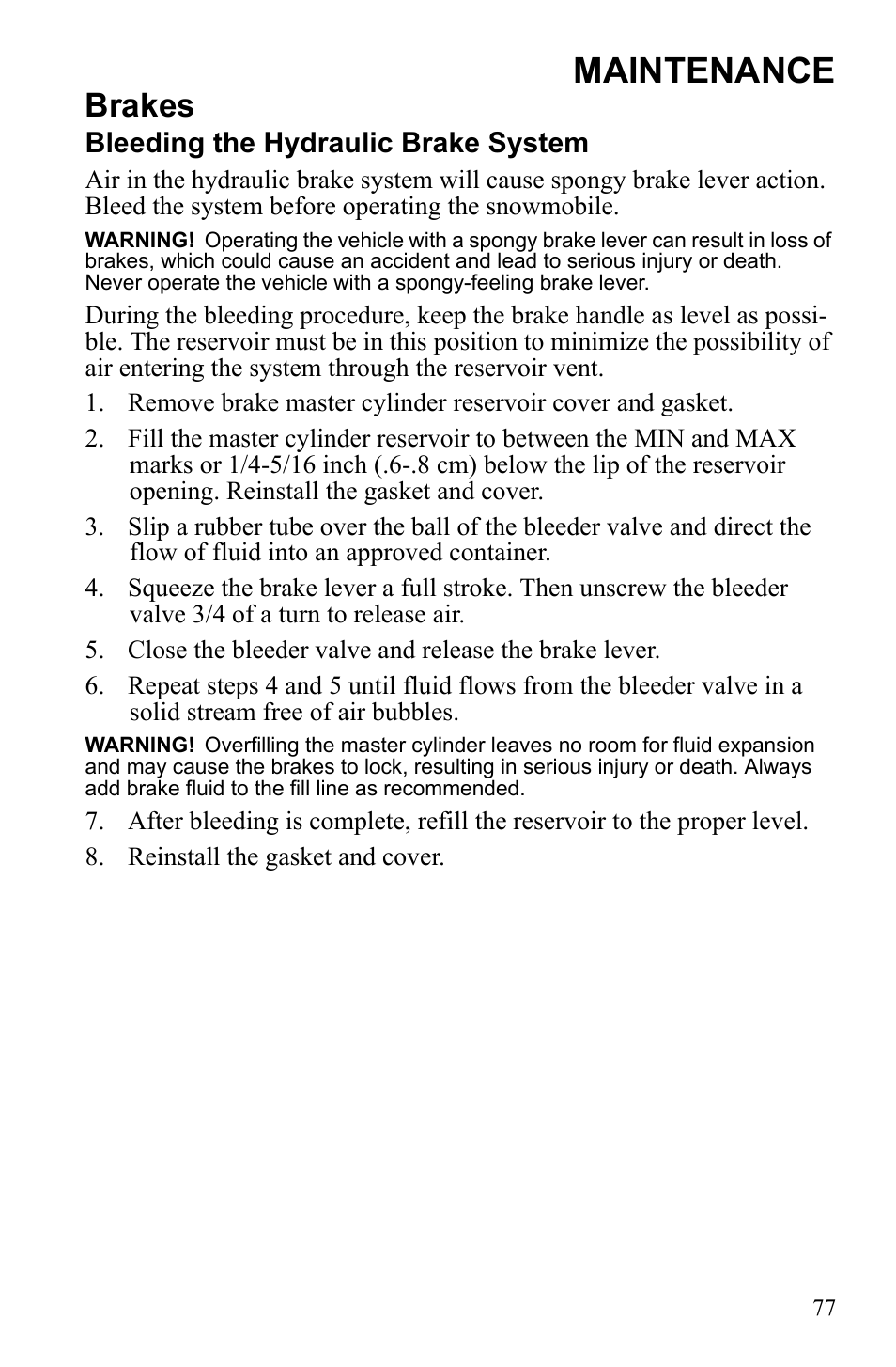 Maintenance, Brakes, Bleeding the hydraulic brake system | Polaris Widetrack LX User Manual | Page 80 / 127