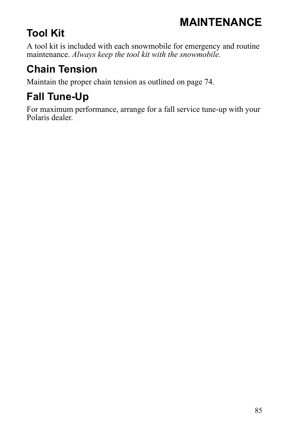 Maintenance, Tool kit, Chain tension | Fall tune-up | Polaris Widetrack LX User Manual | Page 88 / 127