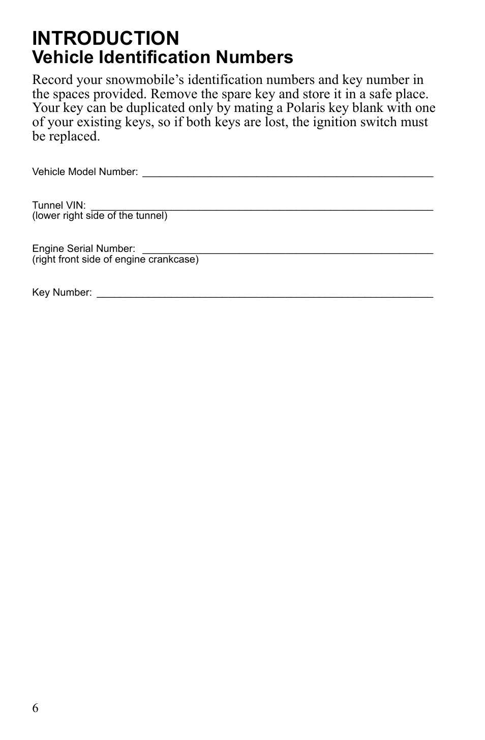 Introduction, Vehicle identification numbers | Polaris Widetrack LX User Manual | Page 9 / 127