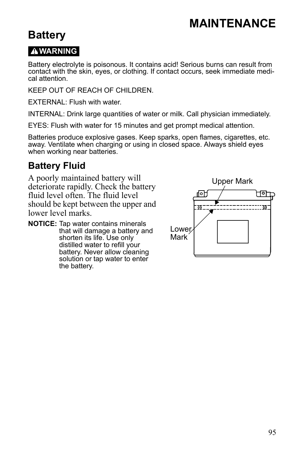 Maintenance, Battery, Battery fluid | Polaris Widetrack LX User Manual | Page 98 / 127