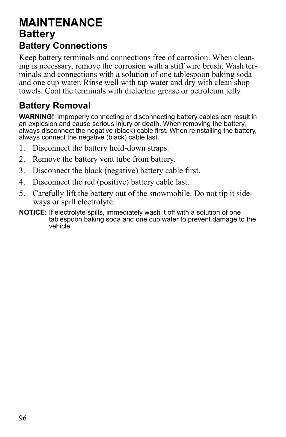 Maintenance, Battery, Battery connections | Battery removal | Polaris Widetrack LX User Manual | Page 99 / 127