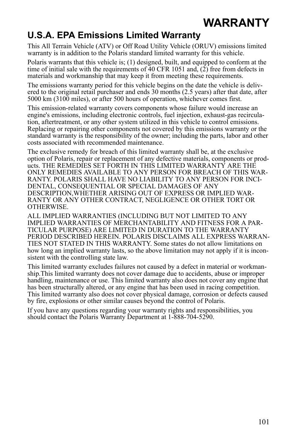 Warranty, U.s.a. epa emissions limited warranty | Polaris Phoenix 9921841 User Manual | Page 104 / 109