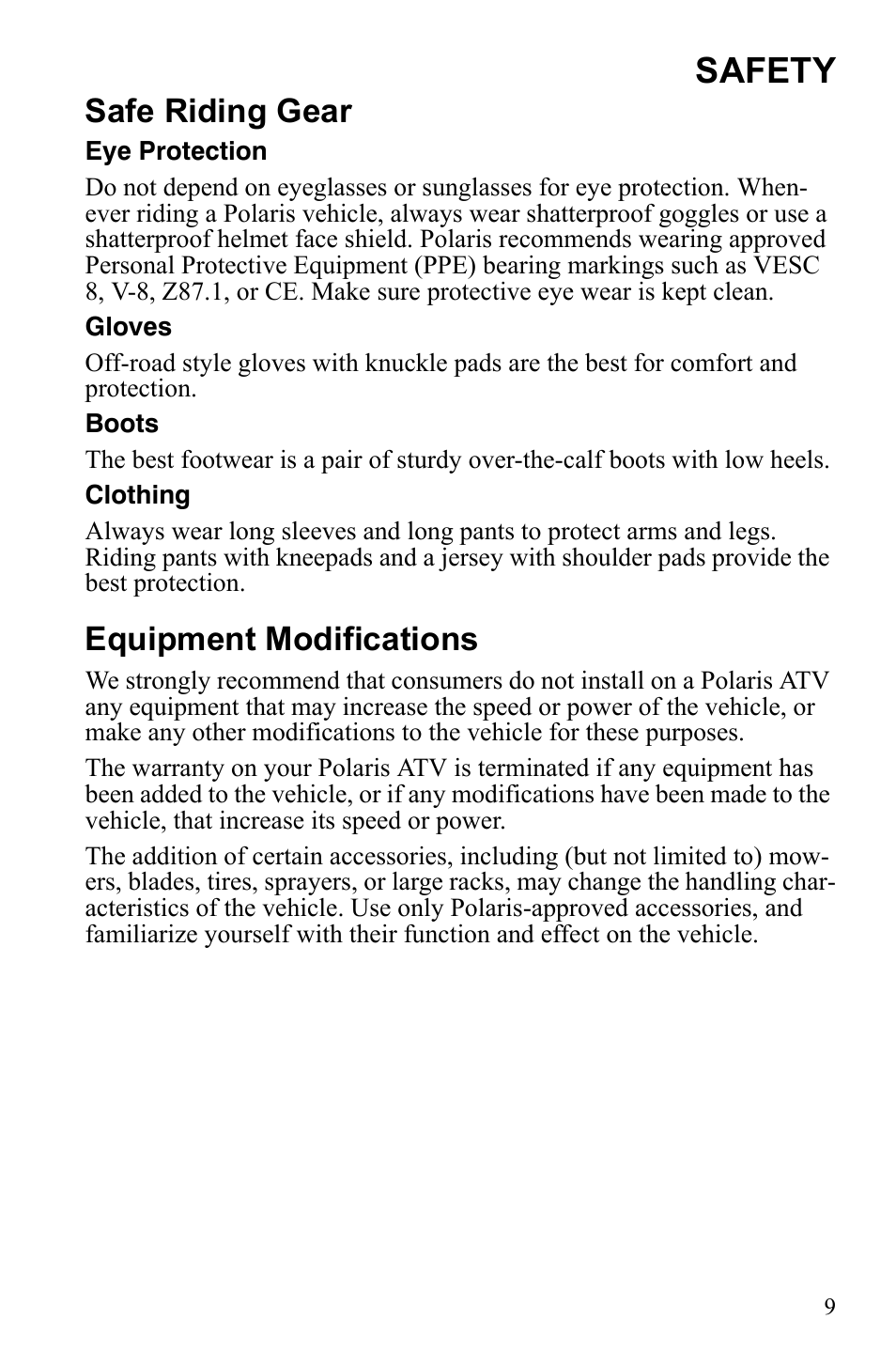 Safety, Safe riding gear, Equipment modifications | Polaris Phoenix 9921841 User Manual | Page 12 / 109