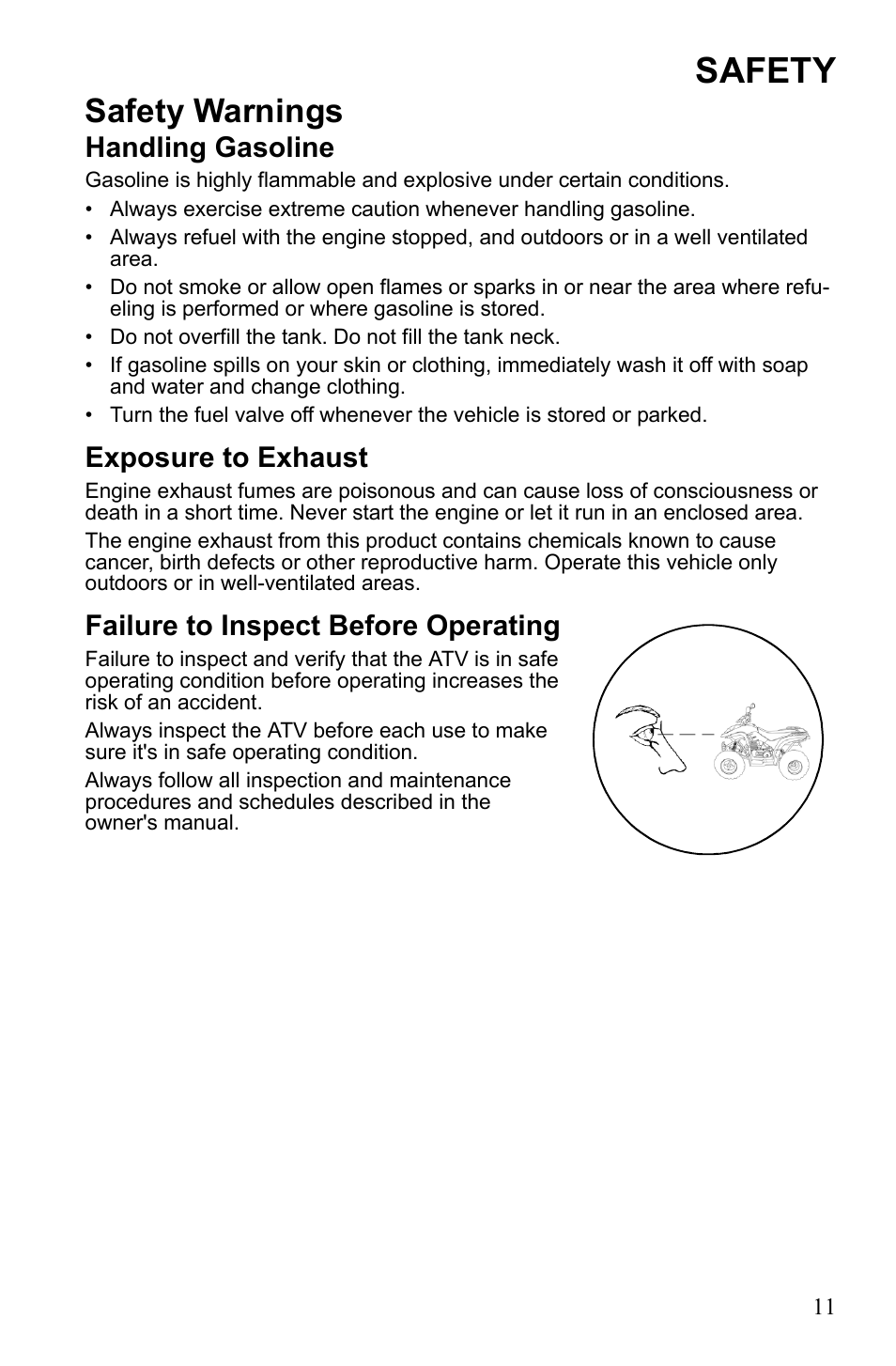 Safety, Safety warnings, Handling gasoline | Exposure to exhaust, Failure to inspect before operating | Polaris Phoenix 9921841 User Manual | Page 14 / 109