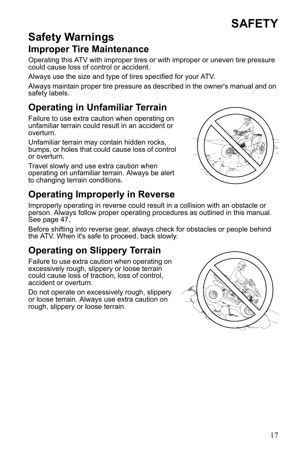 Safety, Safety warnings, Improper tire maintenance | Operating in unfamiliar terrain, Operating improperly in reverse, Operating on slippery terrain | Polaris Phoenix 9921841 User Manual | Page 20 / 109