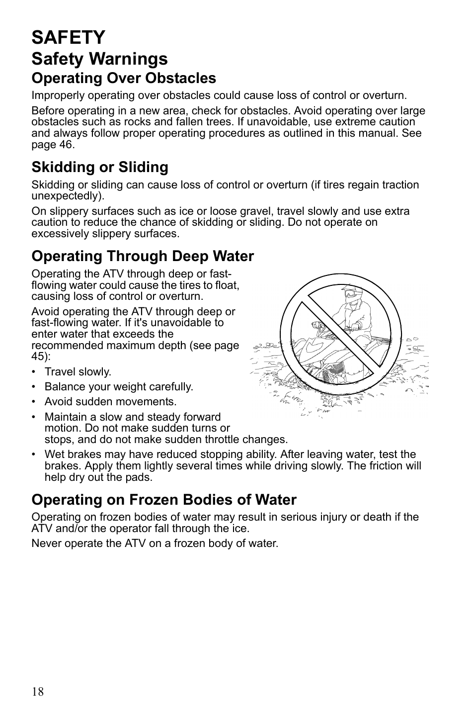 Safety, Safety warnings, Operating over obstacles | Skidding or sliding, Operating through deep water, Operating on frozen bodies of water | Polaris Phoenix 9921841 User Manual | Page 21 / 109