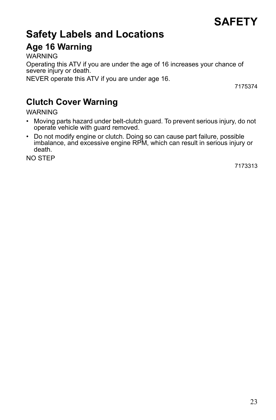 Safety, Safety labels and locations, Age 16 warning | Clutch cover warning | Polaris Phoenix 9921841 User Manual | Page 26 / 109