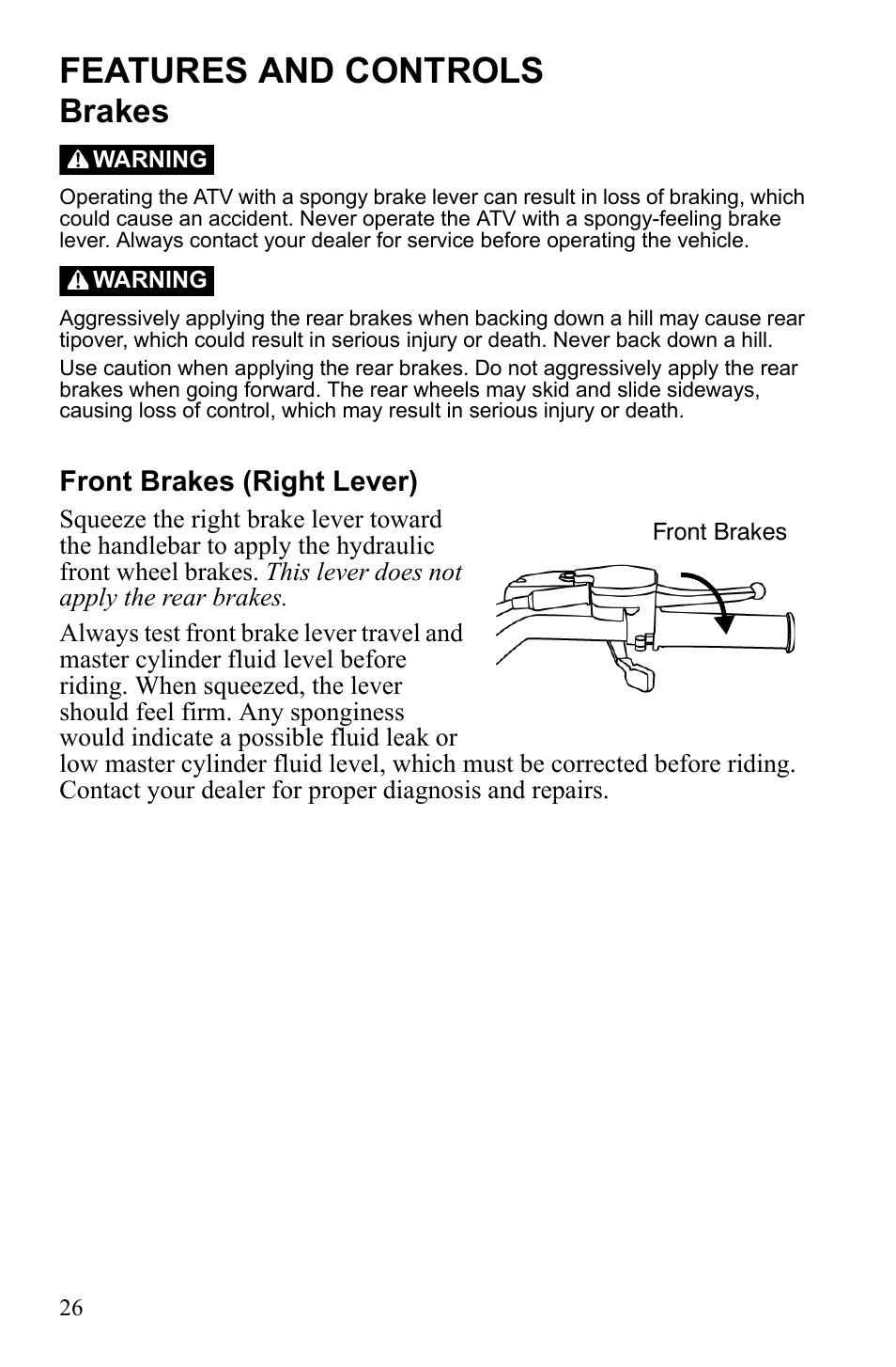 Features and controls, Brakes, Front brakes (right lever) | Polaris Phoenix 9921841 User Manual | Page 29 / 109