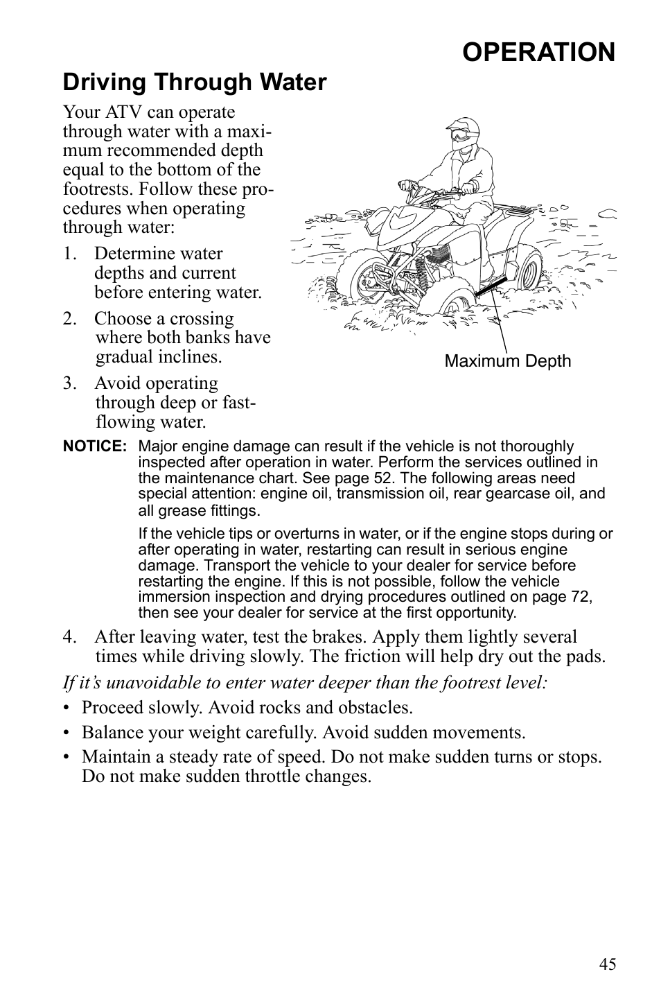 Operation, Driving through water | Polaris Phoenix 9921841 User Manual | Page 48 / 109