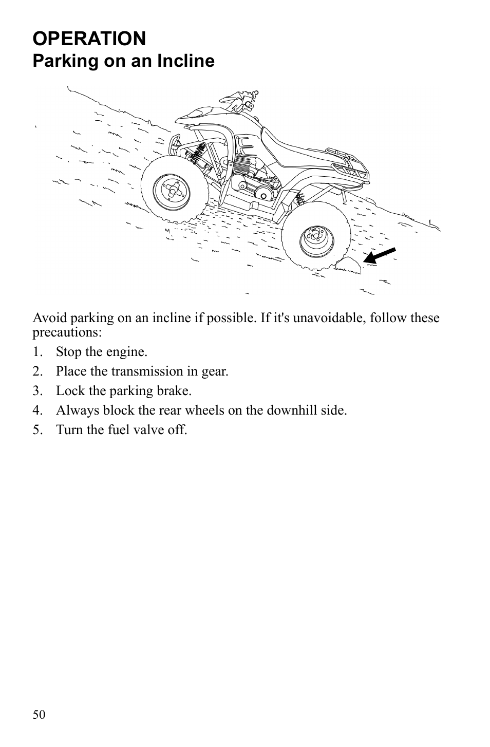 Operation, Parking on an incline | Polaris Phoenix 9921841 User Manual | Page 53 / 109