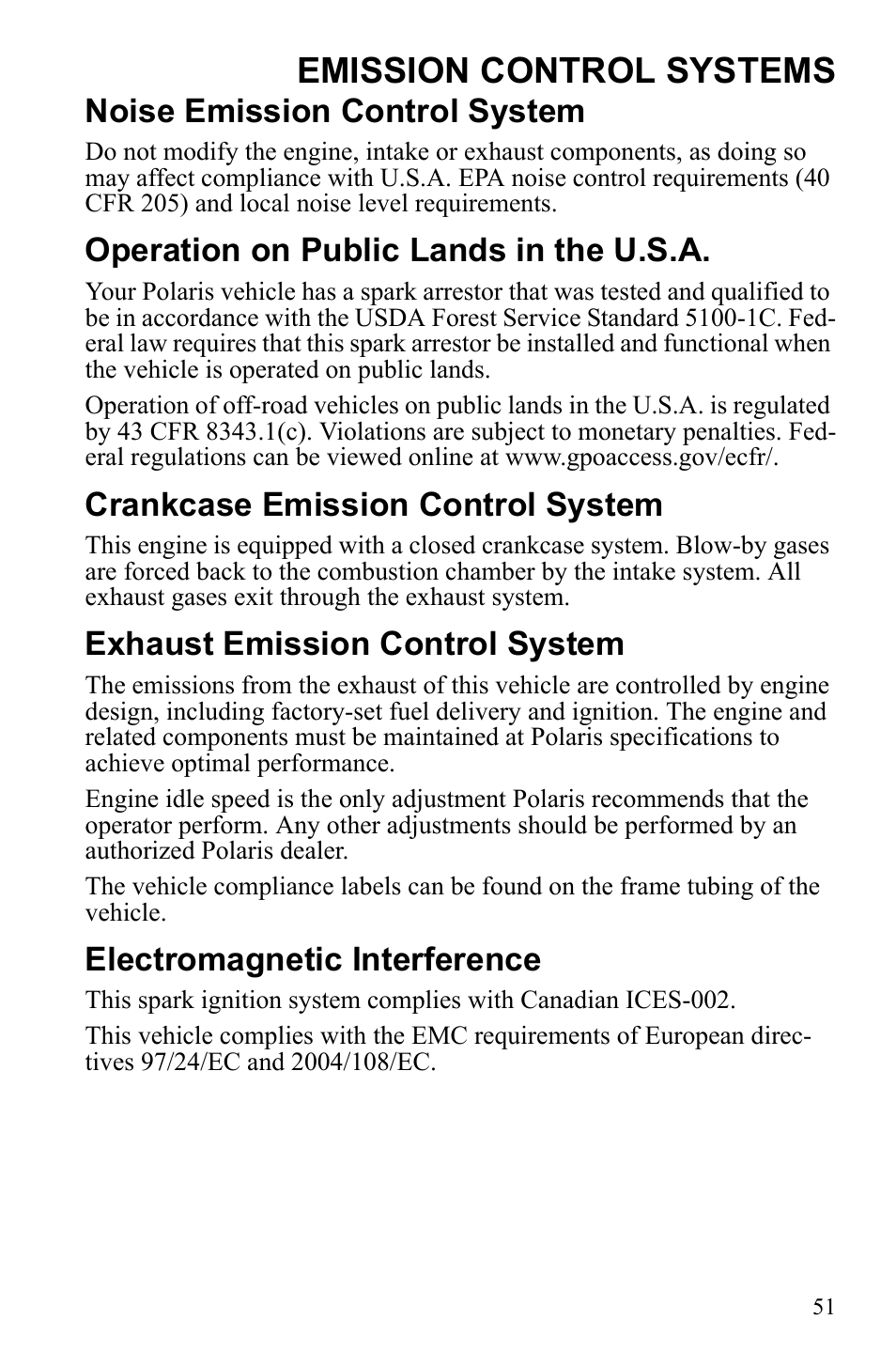 Emission control systems, Noise emission control system, Operation on public lands in the u.s.a | Crankcase emission control system, Exhaust emission control system, Electromagnetic interference | Polaris Phoenix 9921841 User Manual | Page 54 / 109