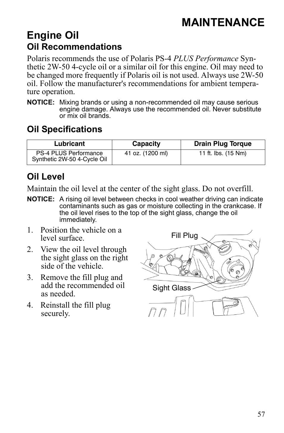 Maintenance, Engine oil, Oil recommendations | Oil specifications oil level | Polaris Phoenix 9921841 User Manual | Page 60 / 109