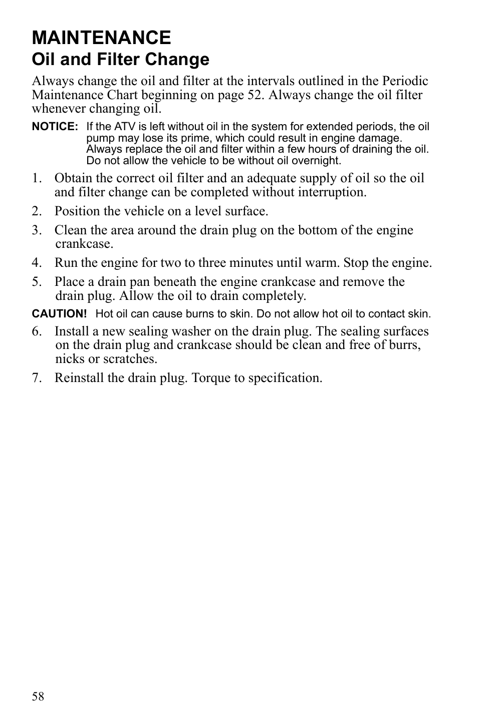 Maintenance, Oil and filter change | Polaris Phoenix 9921841 User Manual | Page 61 / 109