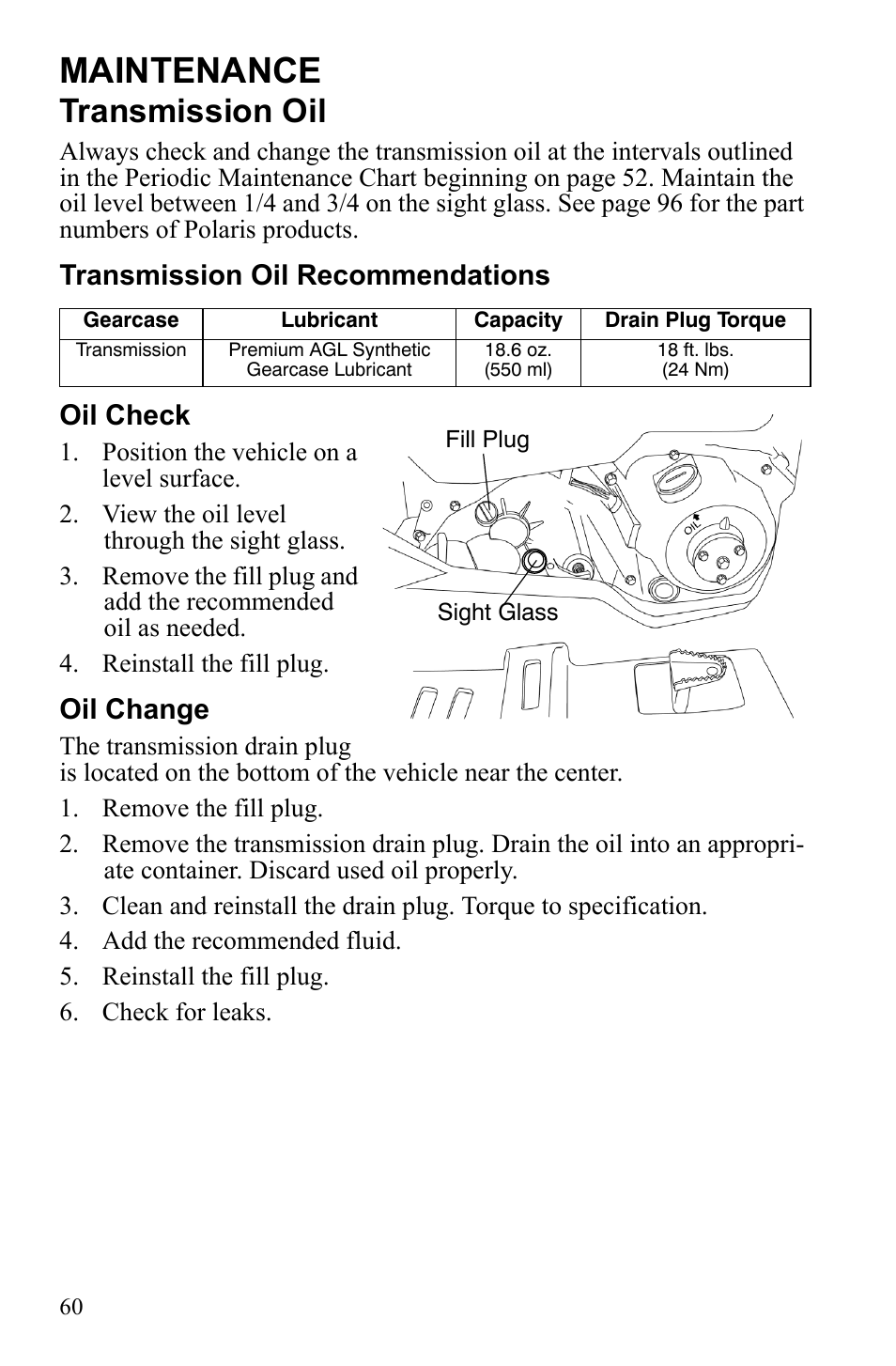 Maintenance, Transmission oil, Transmission oil recommendations oil check | Oil change | Polaris Phoenix 9921841 User Manual | Page 63 / 109