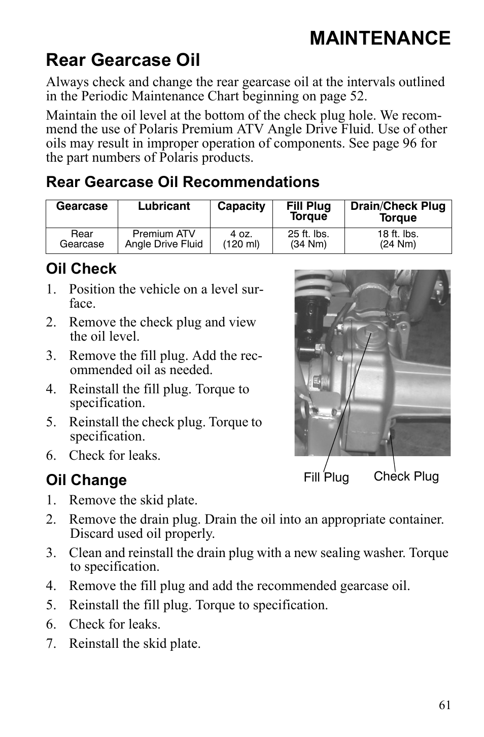 Maintenance, Rear gearcase oil, Rear gearcase oil recommendations oil check | Oil change | Polaris Phoenix 9921841 User Manual | Page 64 / 109