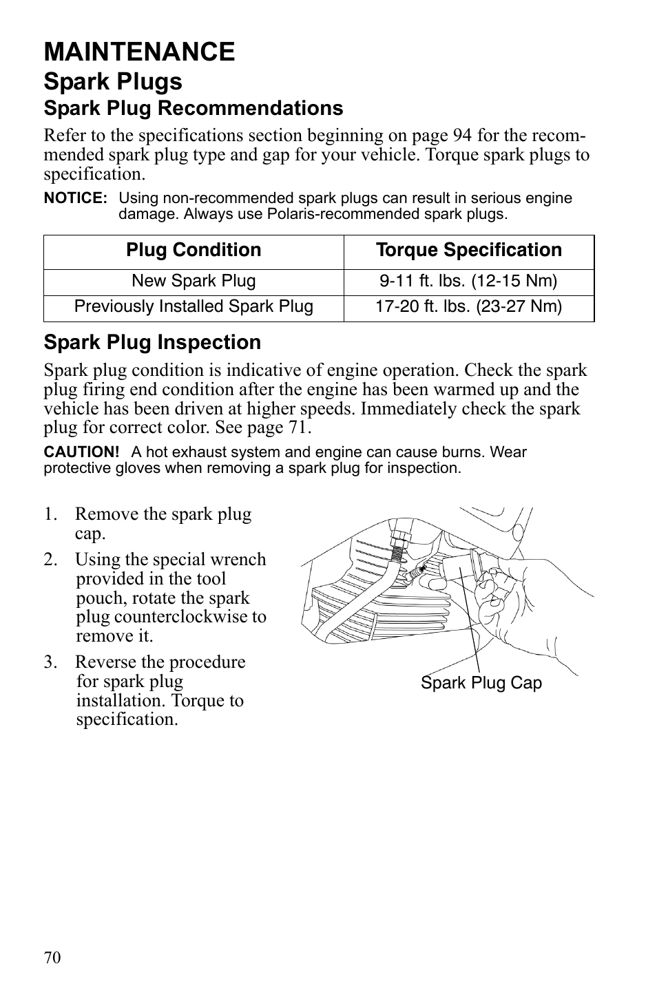 Maintenance, Spark plugs | Polaris Phoenix 9921841 User Manual | Page 73 / 109