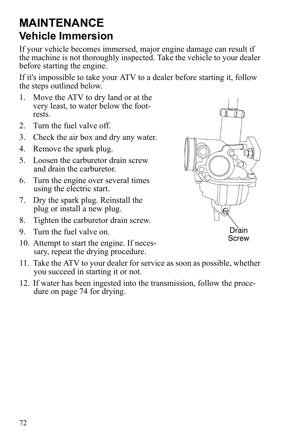 Maintenance, Vehicle immersion | Polaris Phoenix 9921841 User Manual | Page 75 / 109