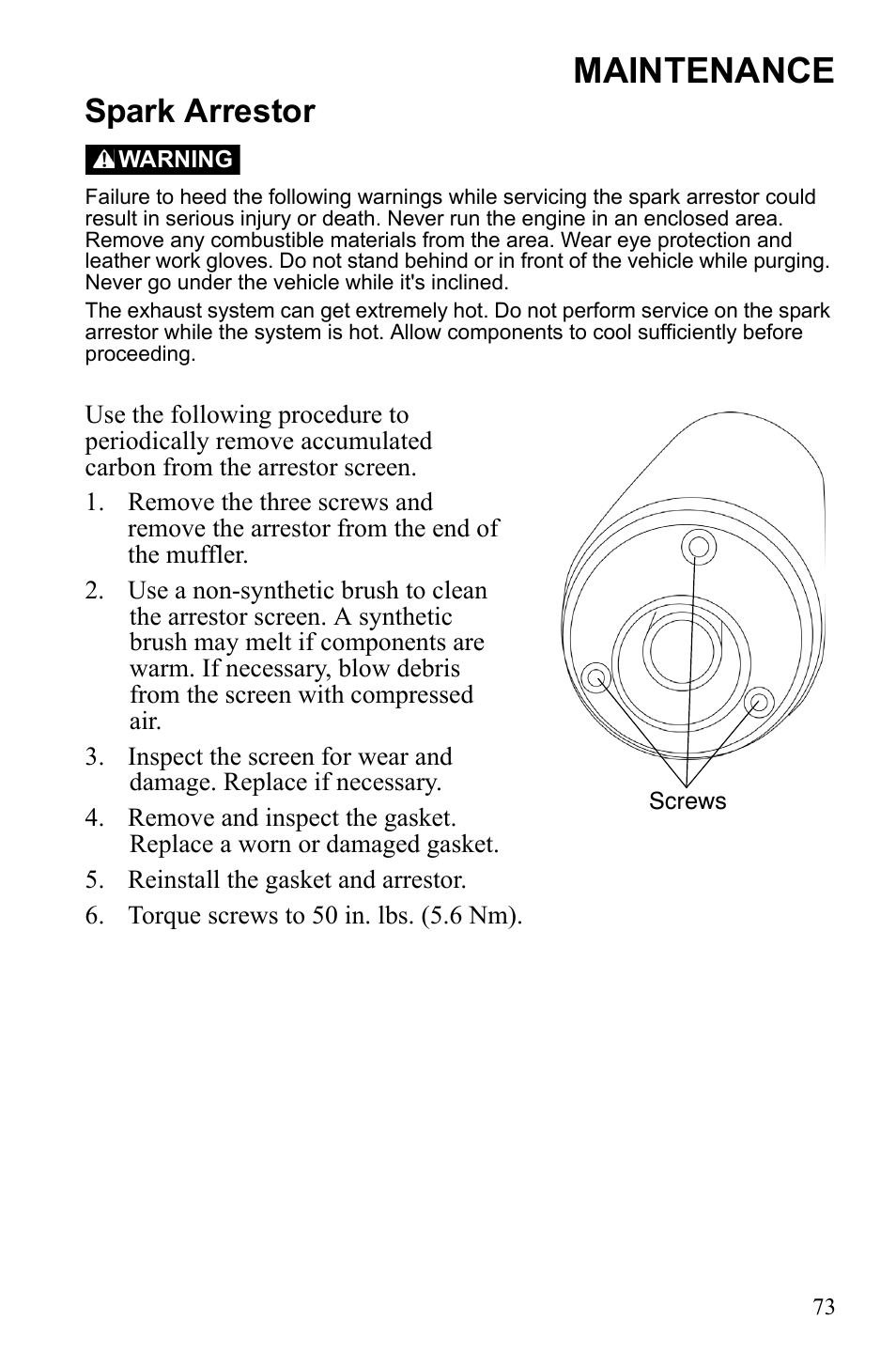 Maintenance, Spark arrestor | Polaris Phoenix 9921841 User Manual | Page 76 / 109