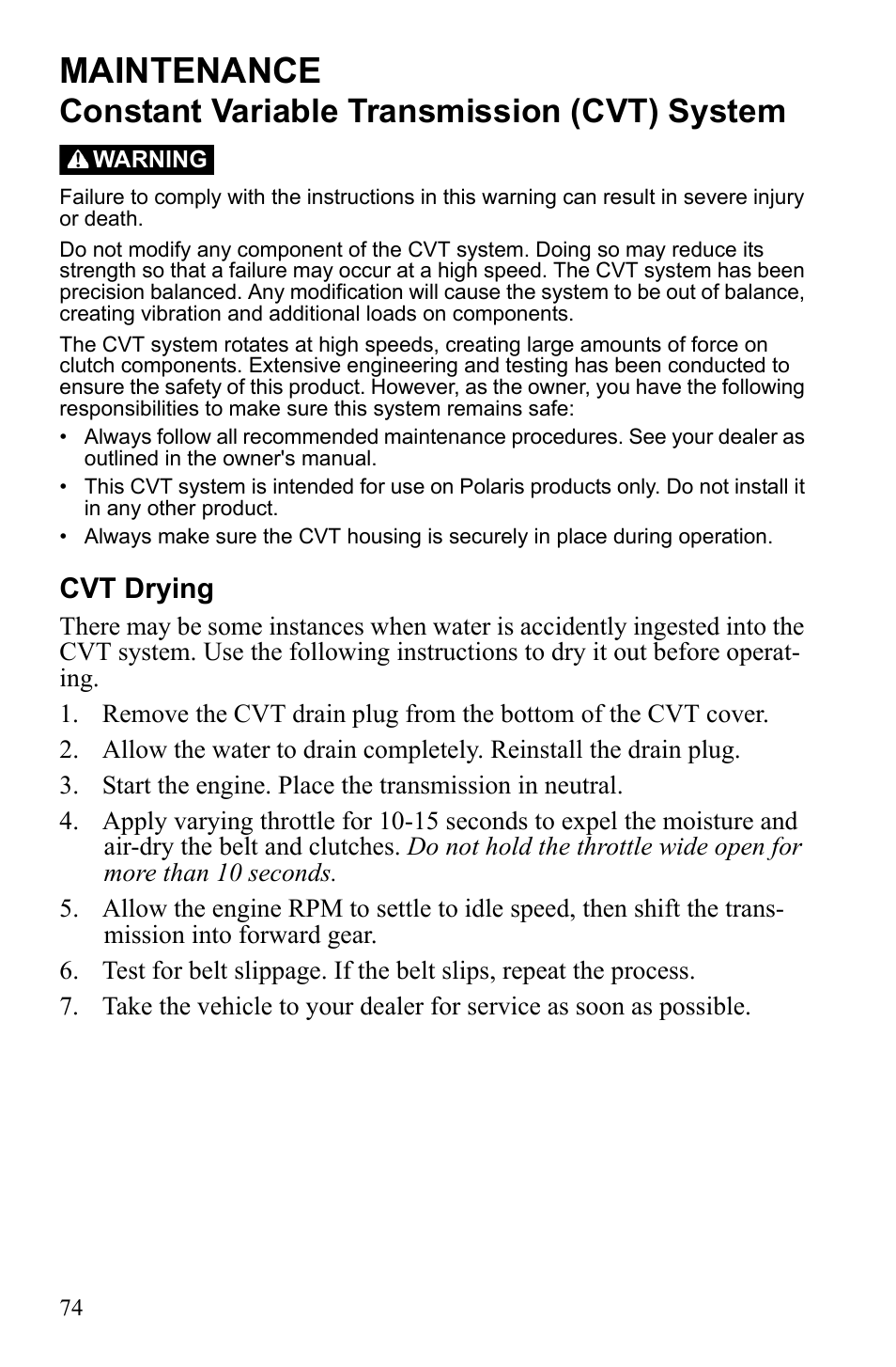 Maintenance, Constant variable transmission (cvt) system, Cvt drying | Polaris Phoenix 9921841 User Manual | Page 77 / 109