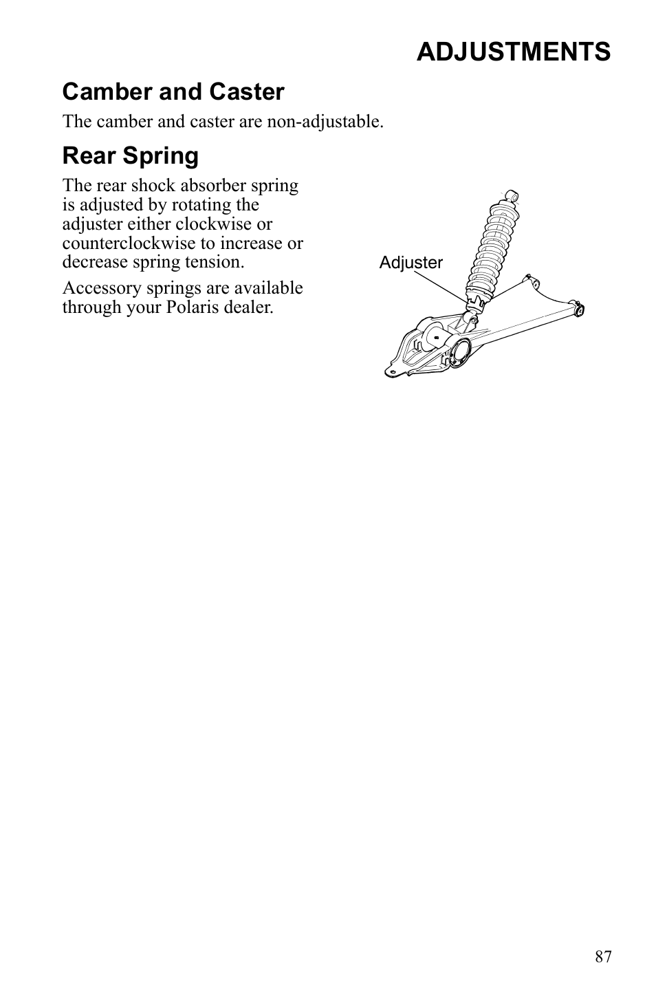 Adjustments, Camber and caster, Rear spring | Polaris Phoenix 9921841 User Manual | Page 90 / 109