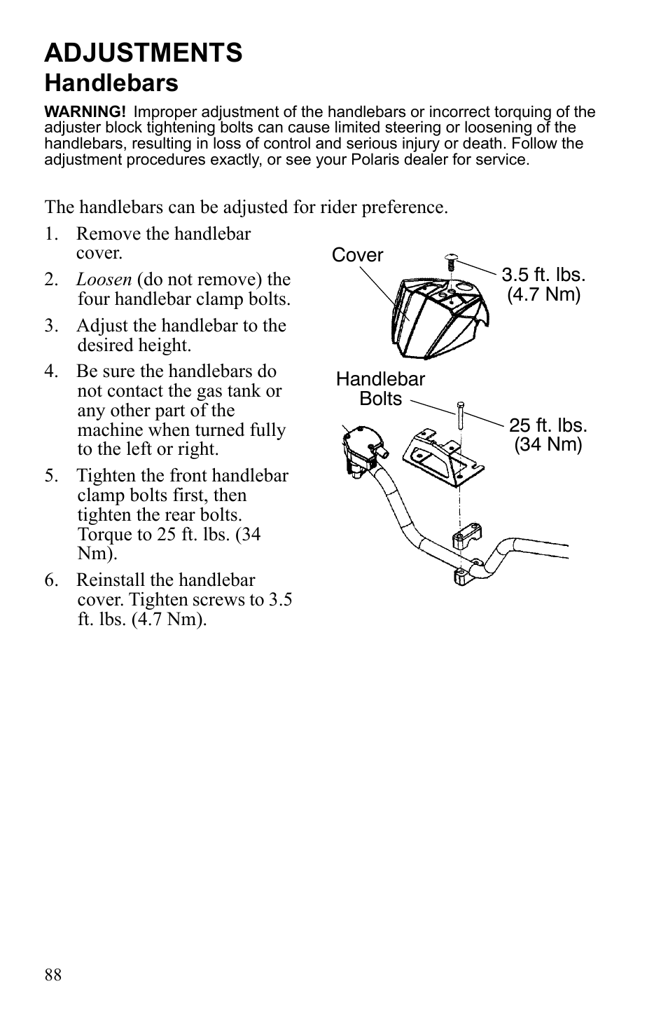 Adjustments, Handlebars | Polaris Phoenix 9921841 User Manual | Page 91 / 109