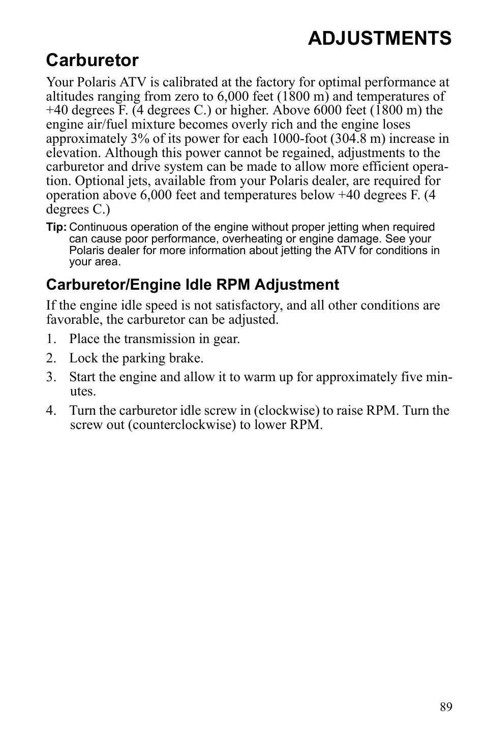 Adjustments, Carburetor | Polaris Phoenix 9921841 User Manual | Page 92 / 109