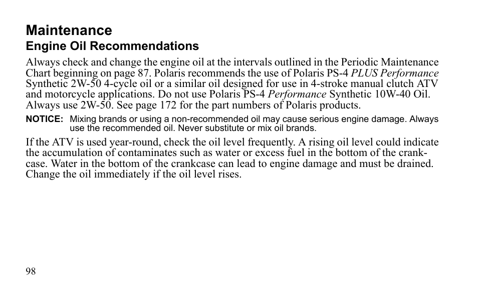 Maintenance | Polaris Outlaw 450 MXR User Manual | Page 102 / 212